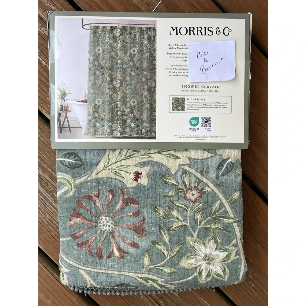 William Morris & Co Wilhemina Shower Curtain Green Floral Boho Textured Fabric